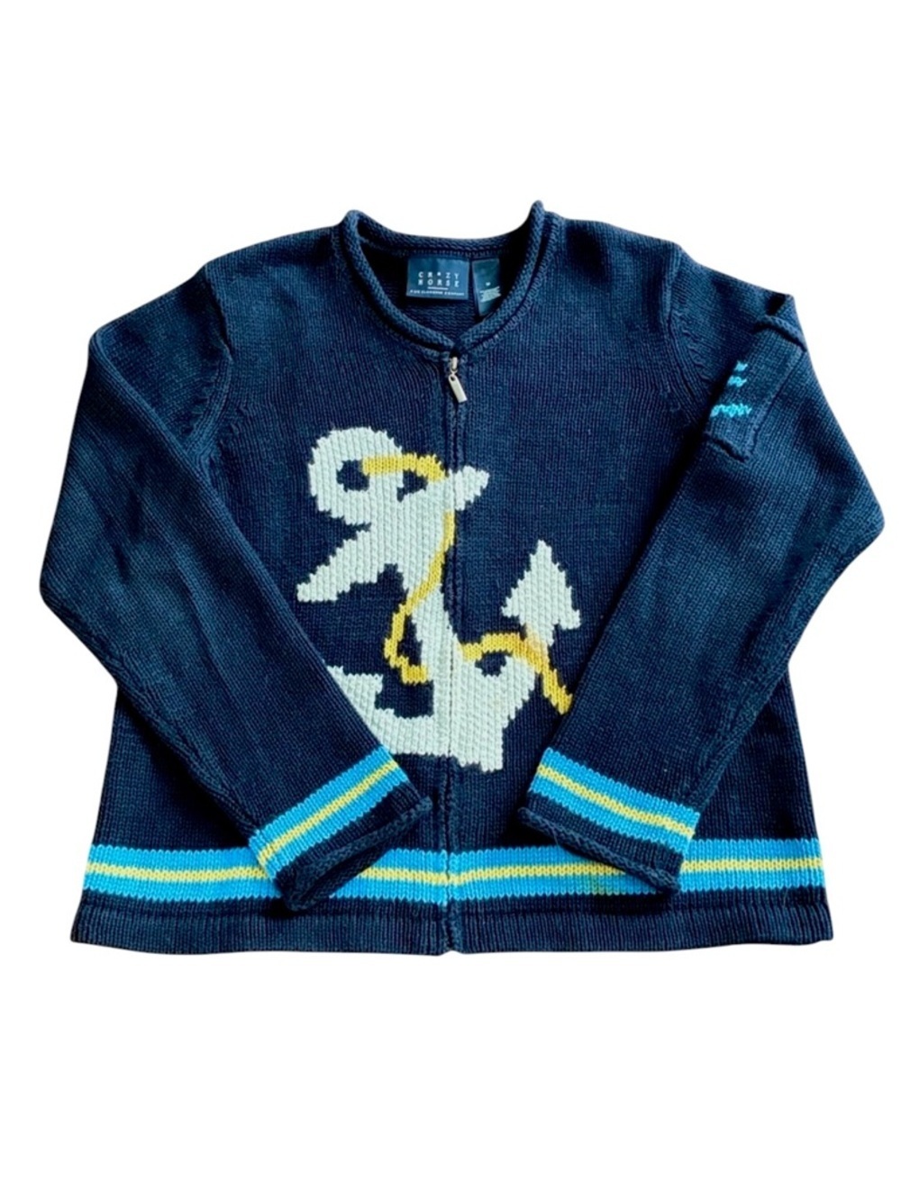 Vintage Nautical Cardigan Sweater Crazy Horse Navy Anchor Full Zip Women's M